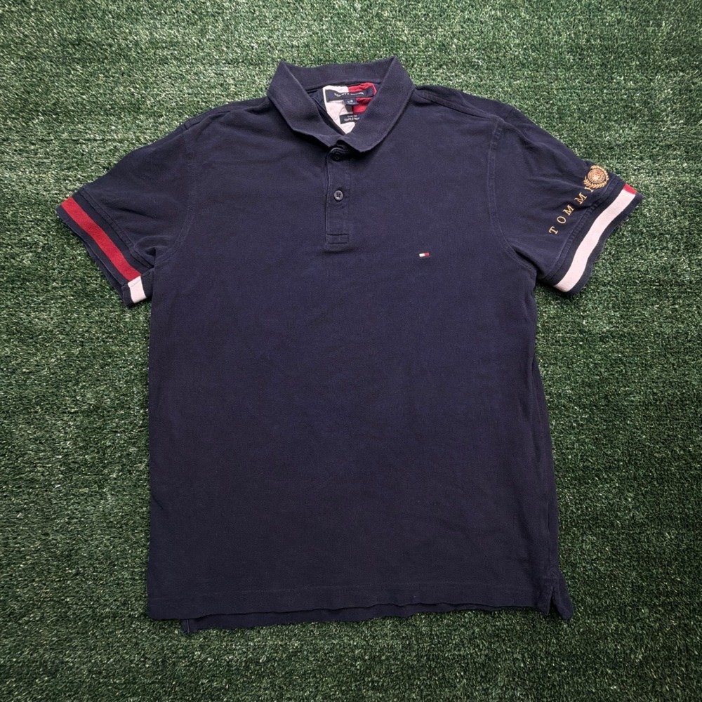 Tommy Hilfiger Mens Slim Fit Polo Shirt Navy Blue Gold Crest Sleeve Logo Large